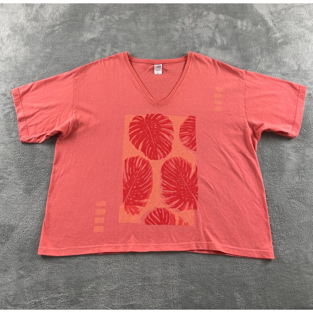Cal Cru Womens XL Coral‎ Pink Monstera Leaf Graphic V-Neck T-Shirt Made in USA